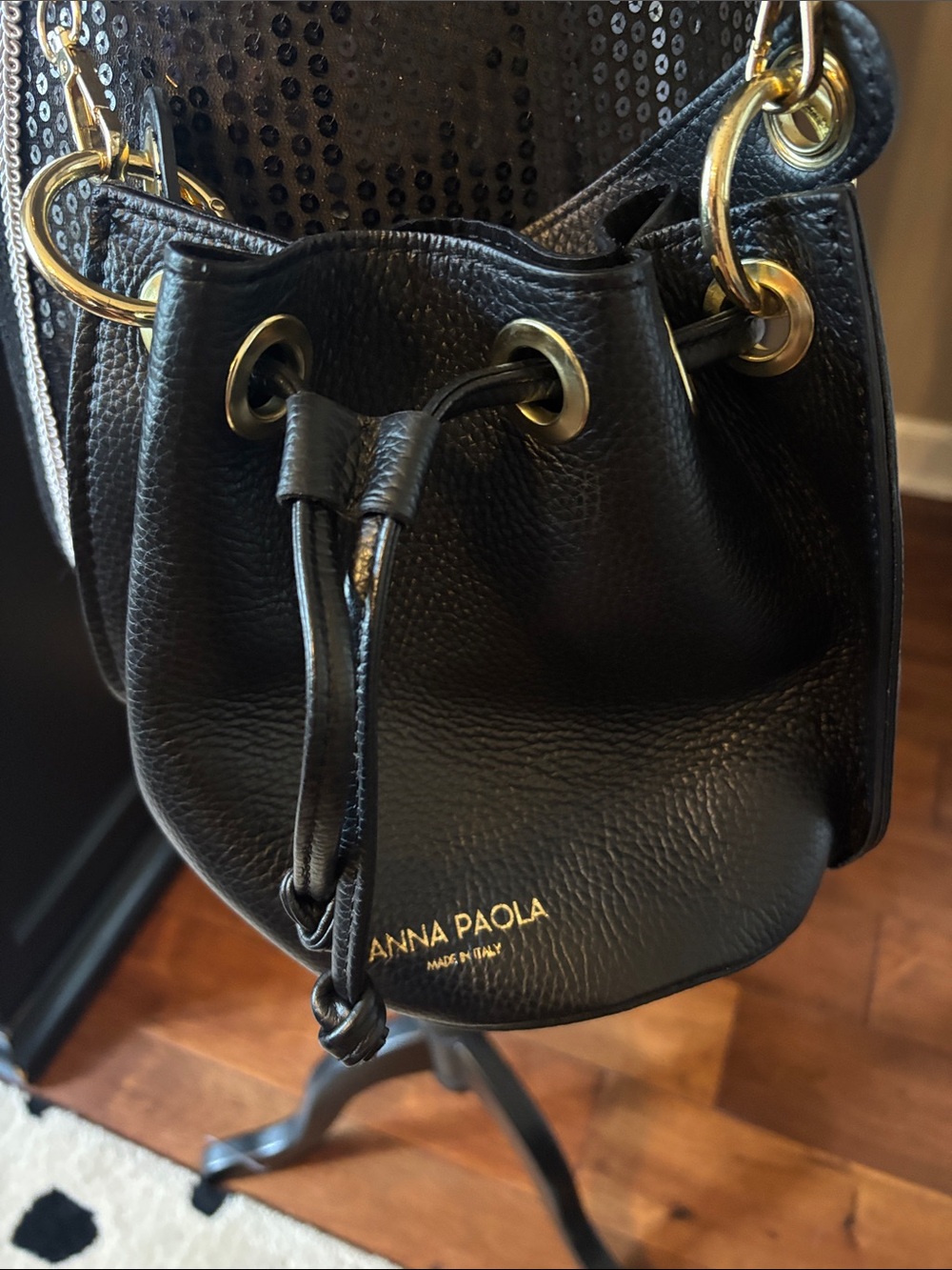 Anna Paola Italy  Leather Drawstring Bucket Bag black